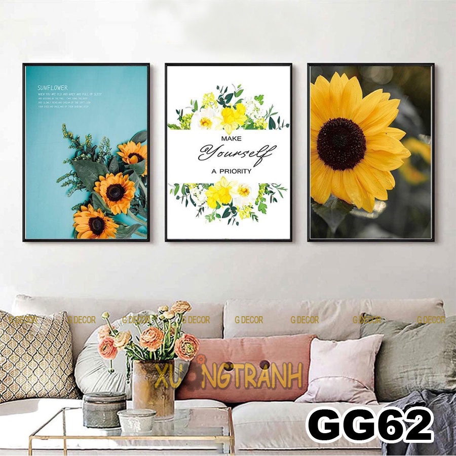 Tranh treo tường canvas 3 bức phong cách Bắc Âu 58, tranh hoa trang trí phòng khách, phòng ngủ, phòng ăn, spa, cửa hàng