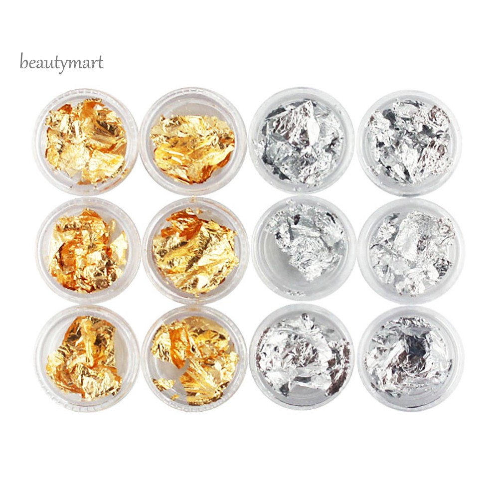 [Hàng mới về] Bộ 12 tấm giấy sticker bạc/vàng chuyên dụng tự trang trí móng gel UV nghệ thuật