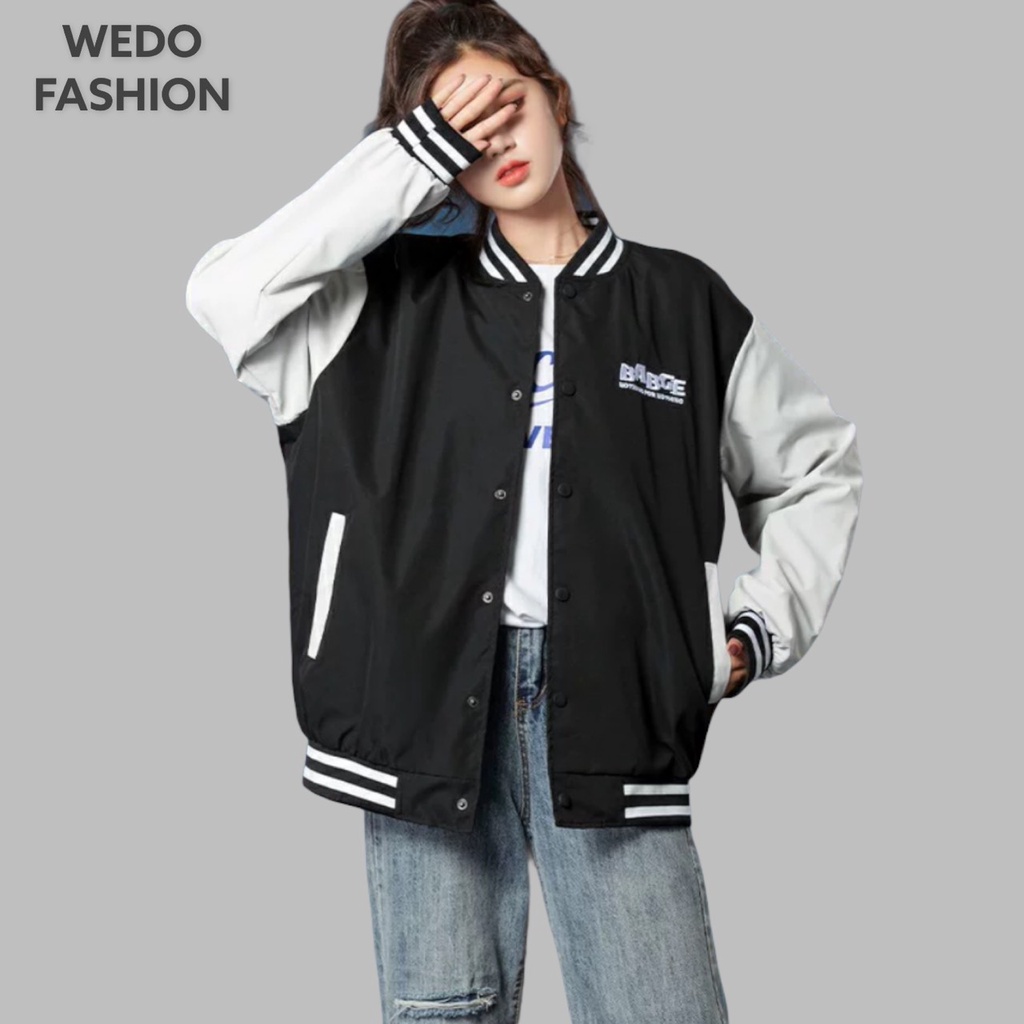 Áo khoác Bomber nữ BABGE, vải dù mero hai lớp cao cấp, logo thêu kèm nút bấm phối màu cá tính WEDO