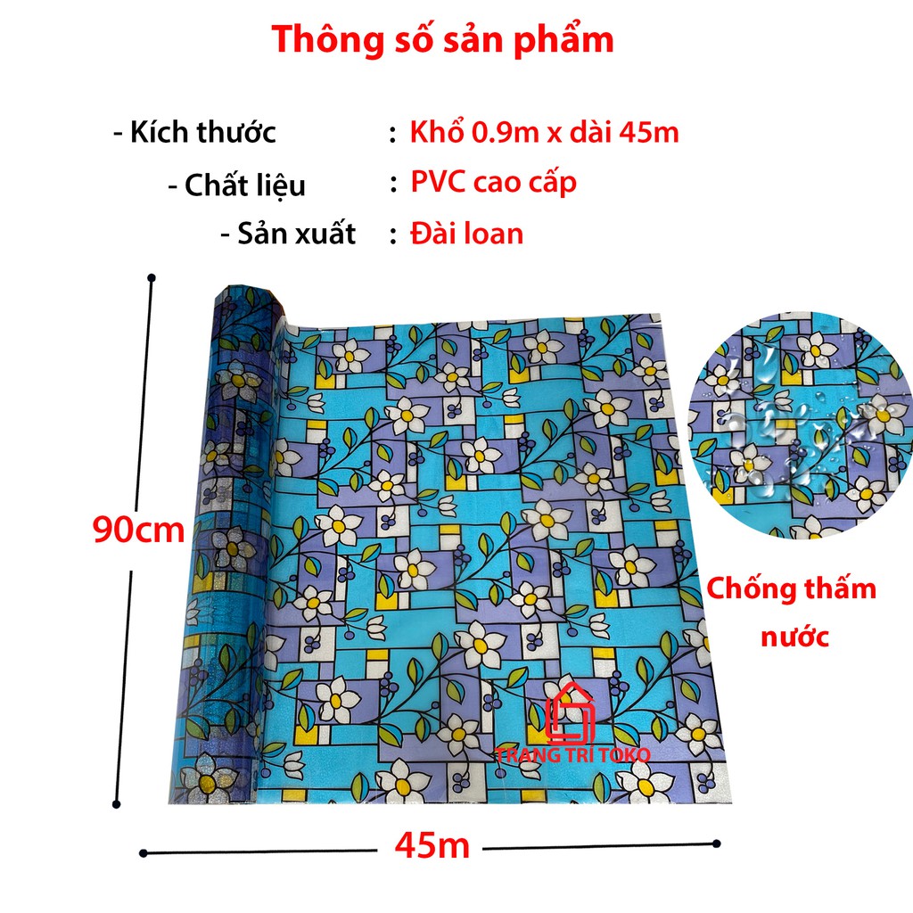 Bán từ 0.5m | Decal 3D dán phòng ngủ, văn phòng khổ 90cm , đề can dán kính nhà bếp, phòng tắm che nắng hoạ tiết hoa xanh