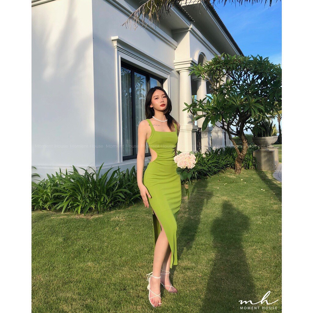Đầm body 2 dây hở lưng phối dây form dài xẻ tà cực kì xinh và quyến rũ