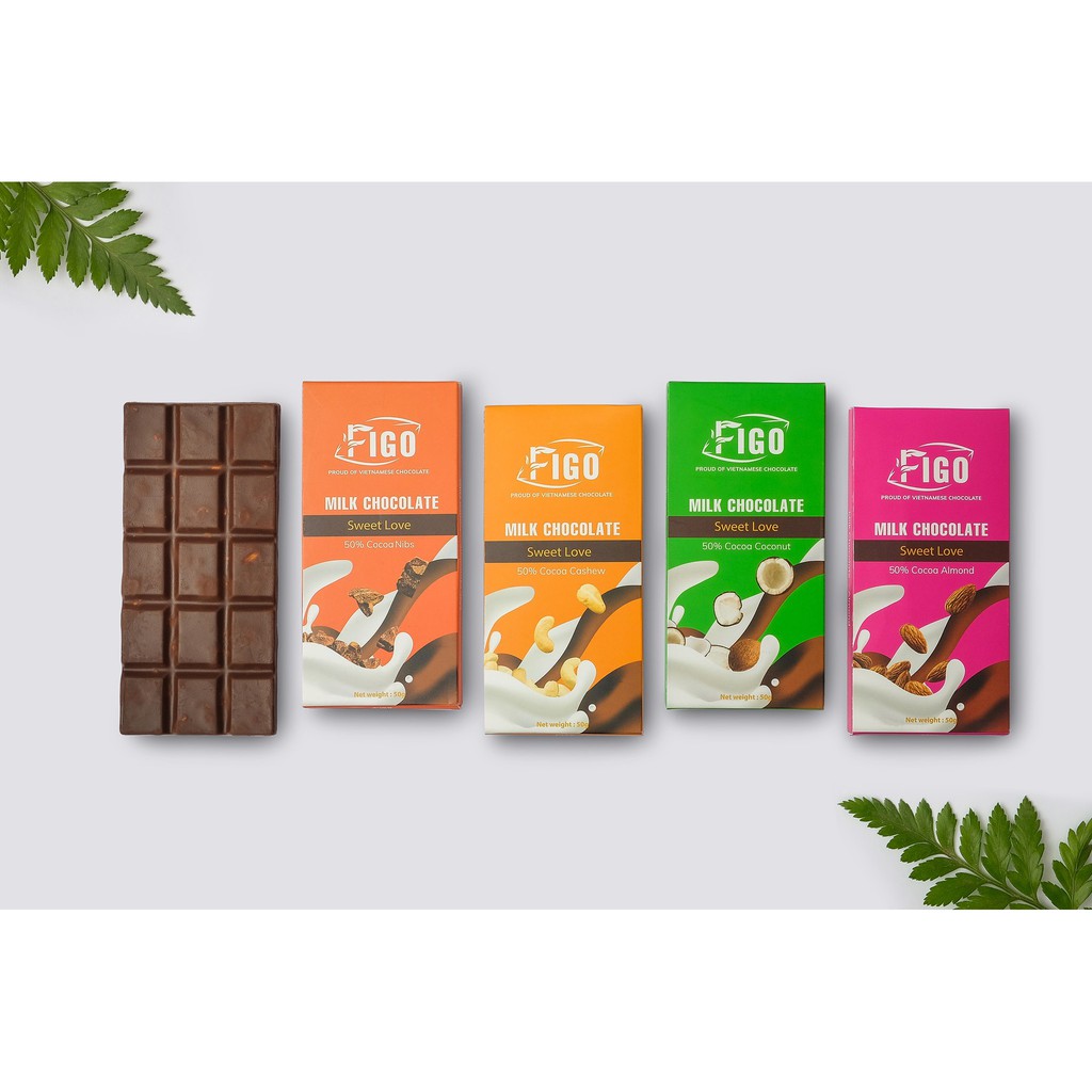 [ĂN LÀ GHIỀN -COMBO 5 HỘP 50g] Kẹo socola sữa có Hạt điều, hạt cacao, dừa, hạnh nhân, phô mai 50% cacao Figo 50g