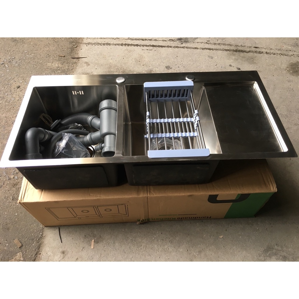 Chậu rửa bát Inox SUS 304 KOREA đúc 2 hố 1 bàn 100x48 Chậu dày, Chống ồn cao cấp