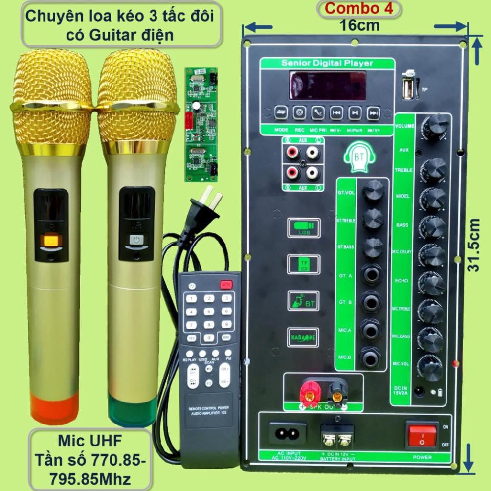 Mạch loa kéo 2 kênh 3 tấc đôi có Guitar điện 2 IC CS8676 120W + 120W có nguồn xung 220V kèm Micro UHF đôi