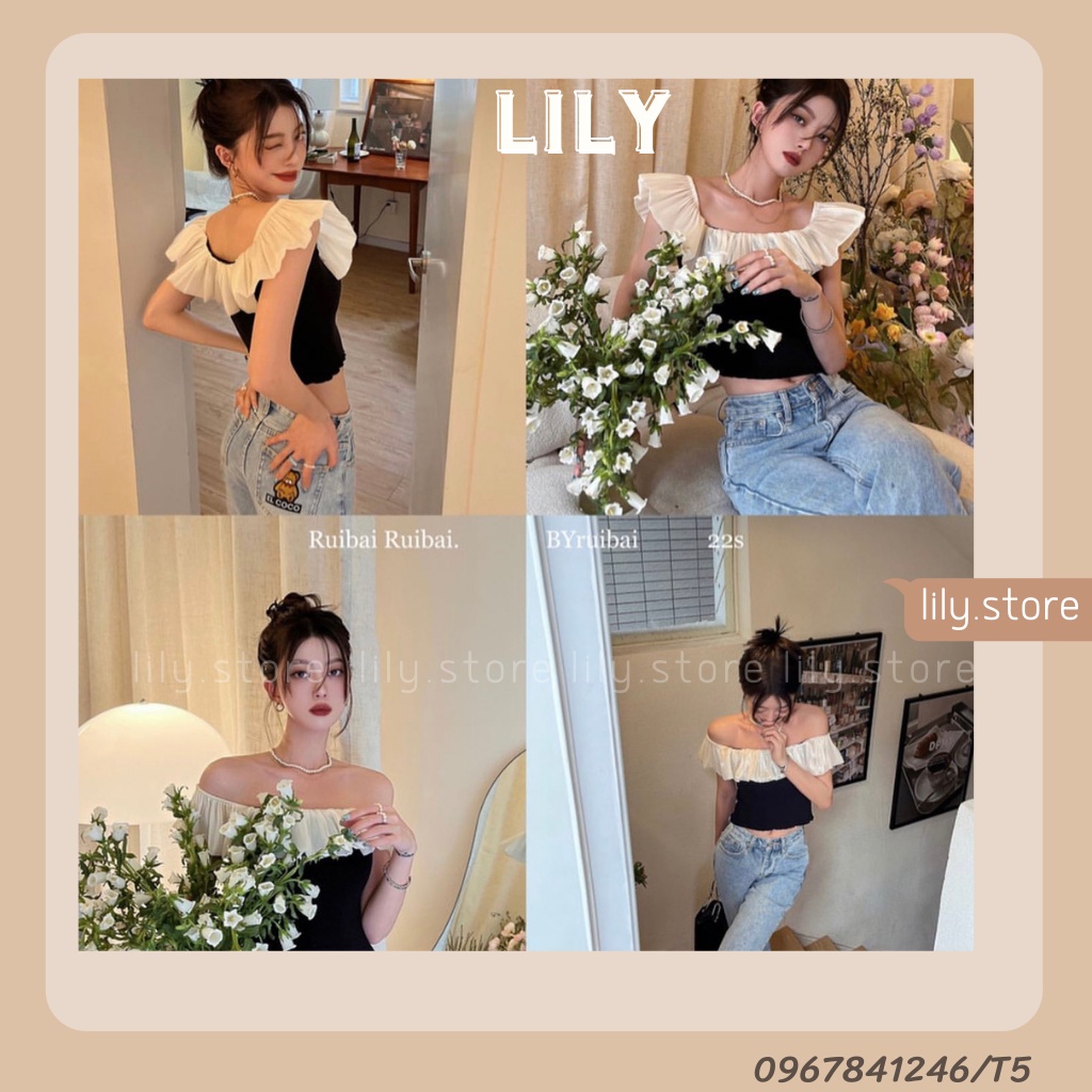 Áo croptop nữ trễ vai, Áo kiểu nữ bèo trễ vai chất tăm co giãn loại 1 T5 LILY