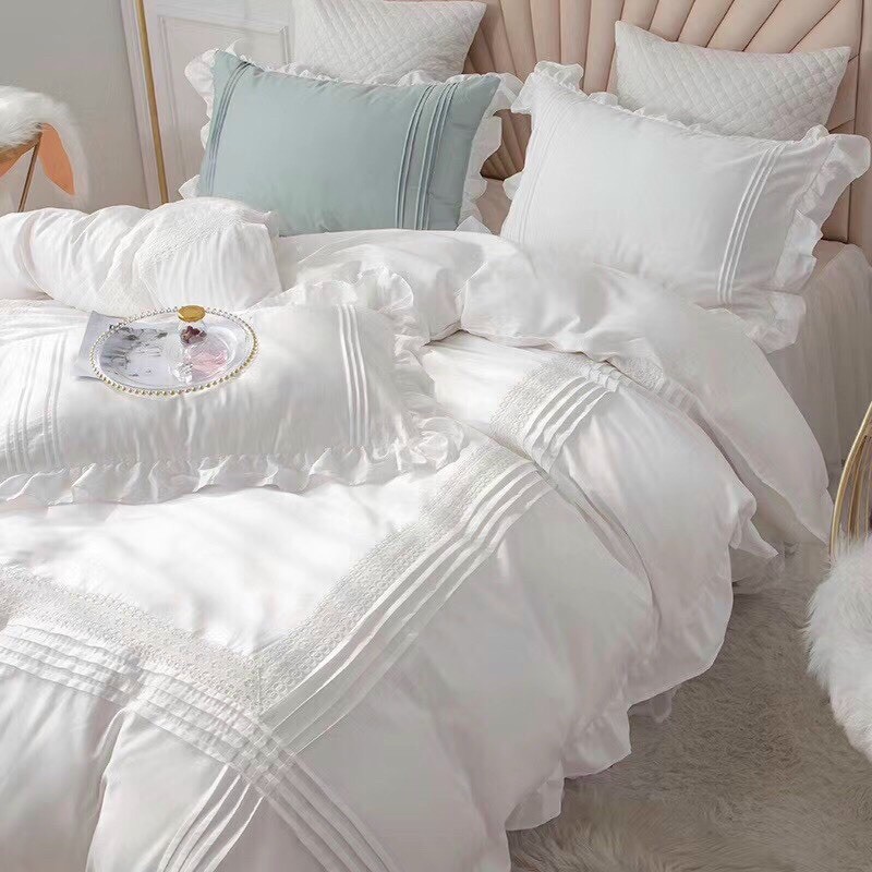 Bộ Chăn Ga Gối Cotton Lụa Bèo Ren Công Chúa Hàng Nhập Khẩu Cao Cấp 4 Món 4 Màu Nhẹ Nhàng