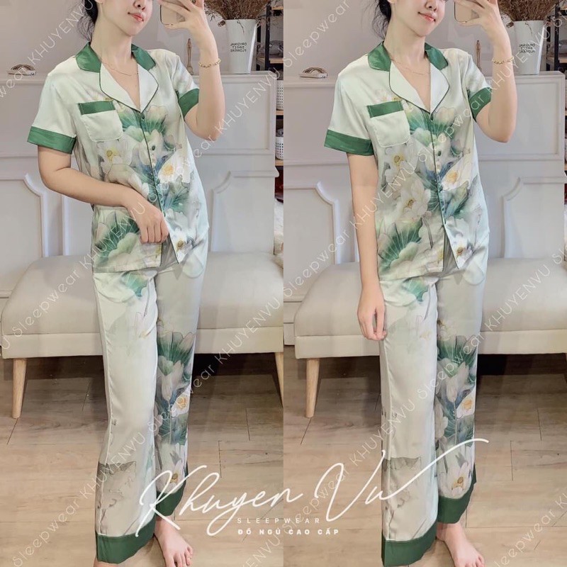 Bộ pijamma cộc tay hoa sen trắng lụa satin cao cấp quảng châu | BigBuy360 - bigbuy360.vn