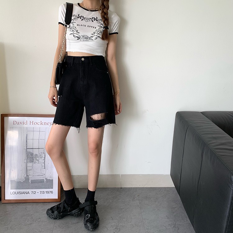 Quần short jeans đen nam nữ Yinxx, quần rin bò lửng unisex rách QSJ03