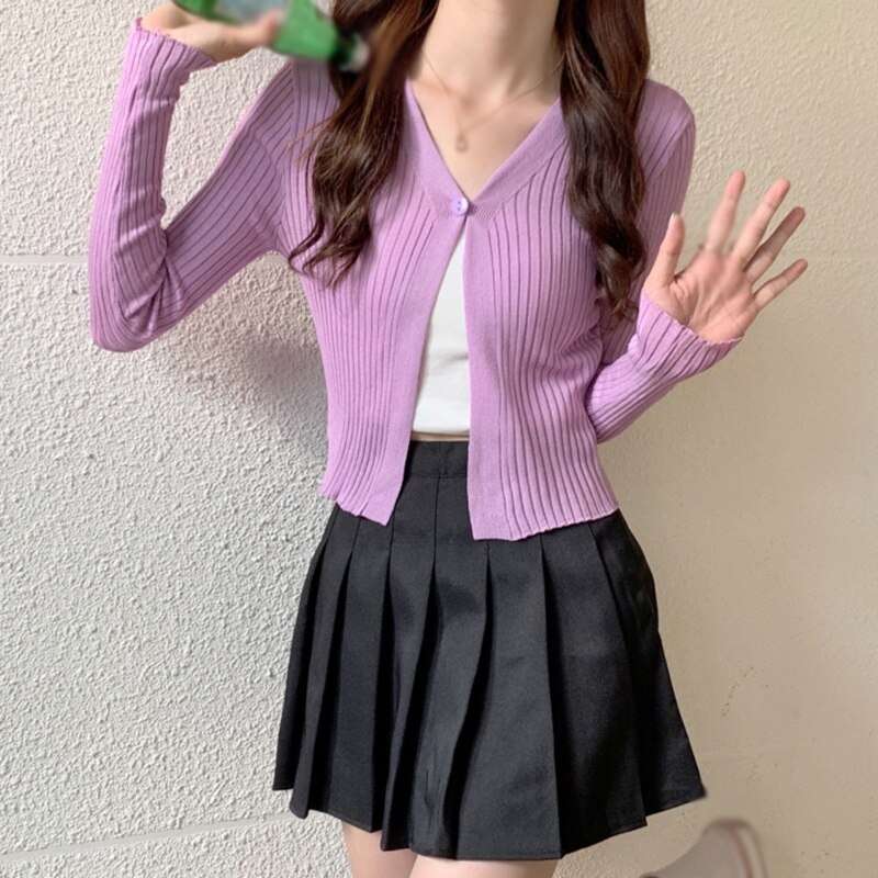 Áo khoác cardigan dệt kim cổ chữ V tay dài màu sắc trẻ trung cho nữ