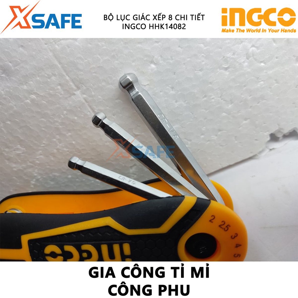 Bộ 8 chìa lục giác đầu tròn INGCO HHK14082 Lục giác đầu bi chất liệu thép CR-V, chịu nhiệt, mạ thép chrome - [XSAFE]