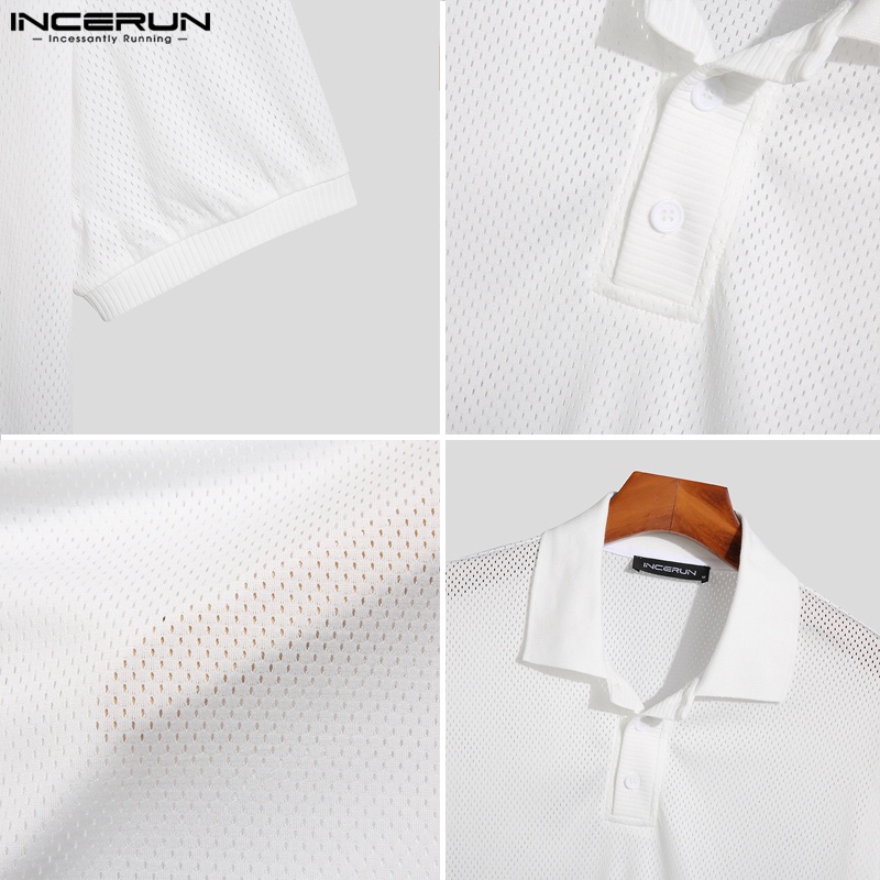 Áo thun polo INCERUN ngắn tay phối lưới thoáng khí dành cho nam