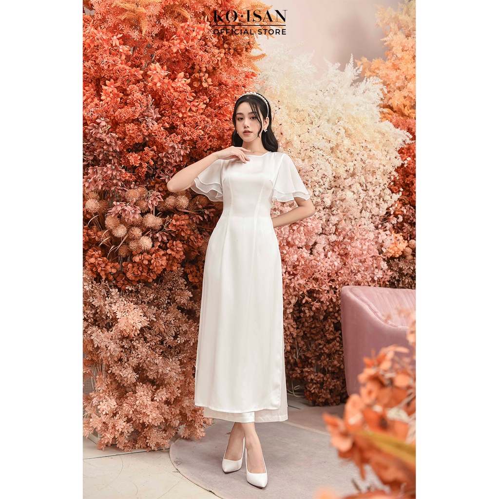 Áo dài cách tân nữ lụa trắng cổ tròn ôm nhẹ thanh lịch KOISAN 21051023-1