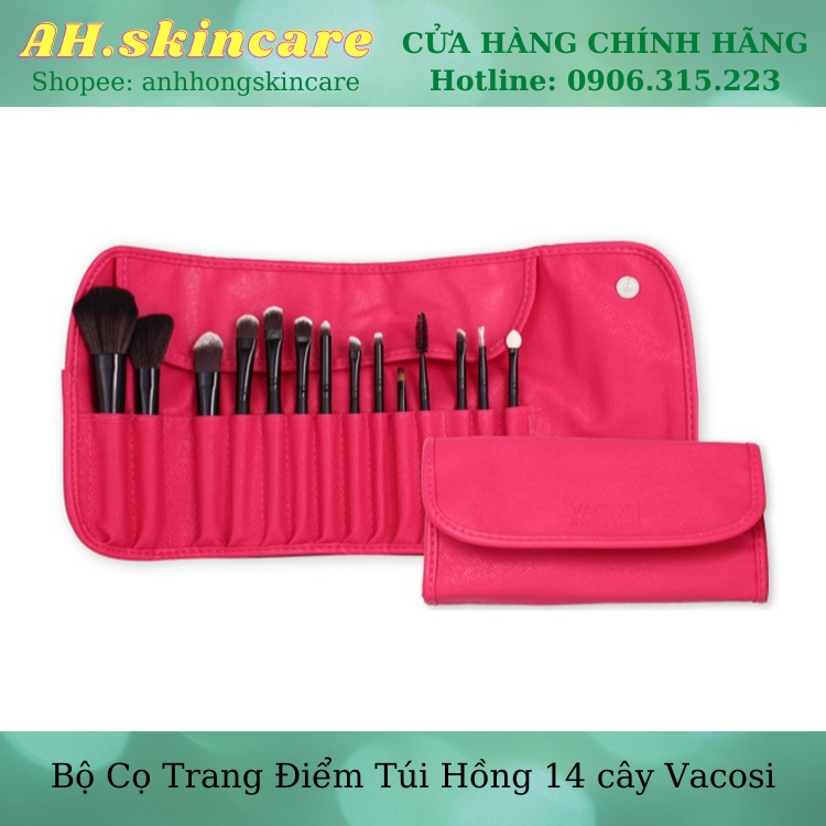 Bộ Cọ Trang Điểm Túi Hồng Vacosi BC09 14 cây