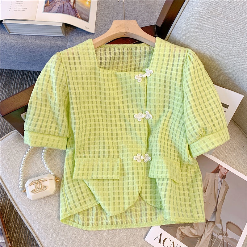 Áo Sơ Mi Ngắn Tay Cổ Vuông Họa Tiết Kẻ Ô Thiết Kế Mới Thời Trang Mùa Hè Theo Phong Cách Trung Hoa
