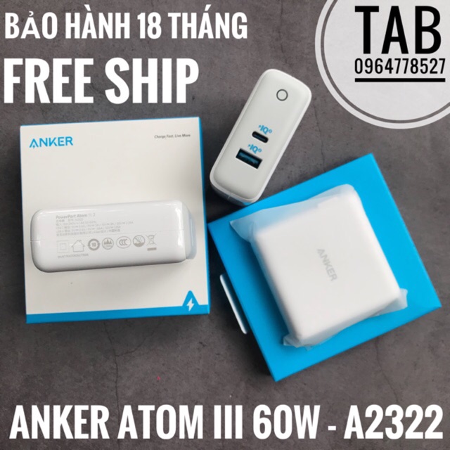 [Mã ELMTCPW10 giảm 50K Xu đơn 300K] Sạc Anker PowerPort Atom III 60w 2 Cổng - A2322