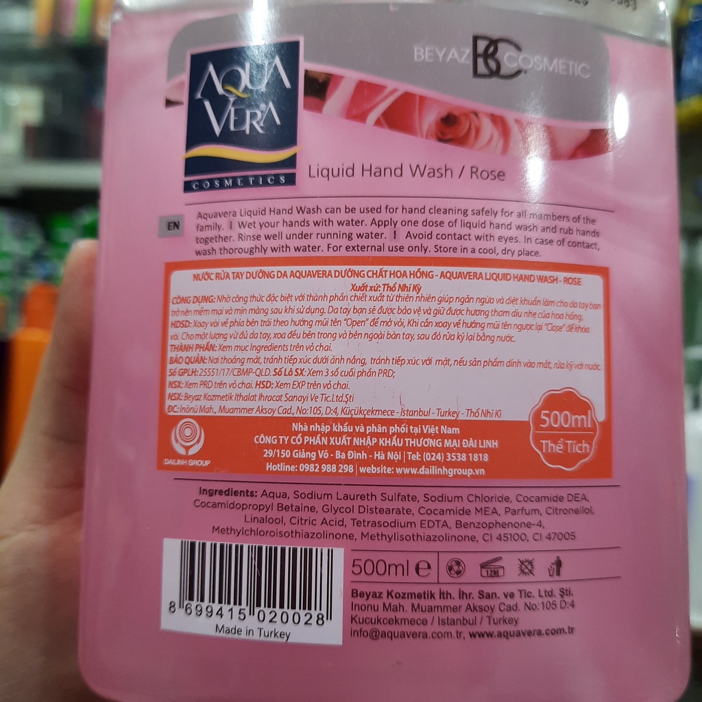 Nước Rửa Tay AQUA VERA 500ml - Hương Hoa Hồng