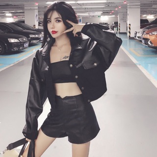 (Sẵn Đen M, L) Áo khoác da bomber nữ dáng ngắn trẻ trung sành điệu (Ms A32)