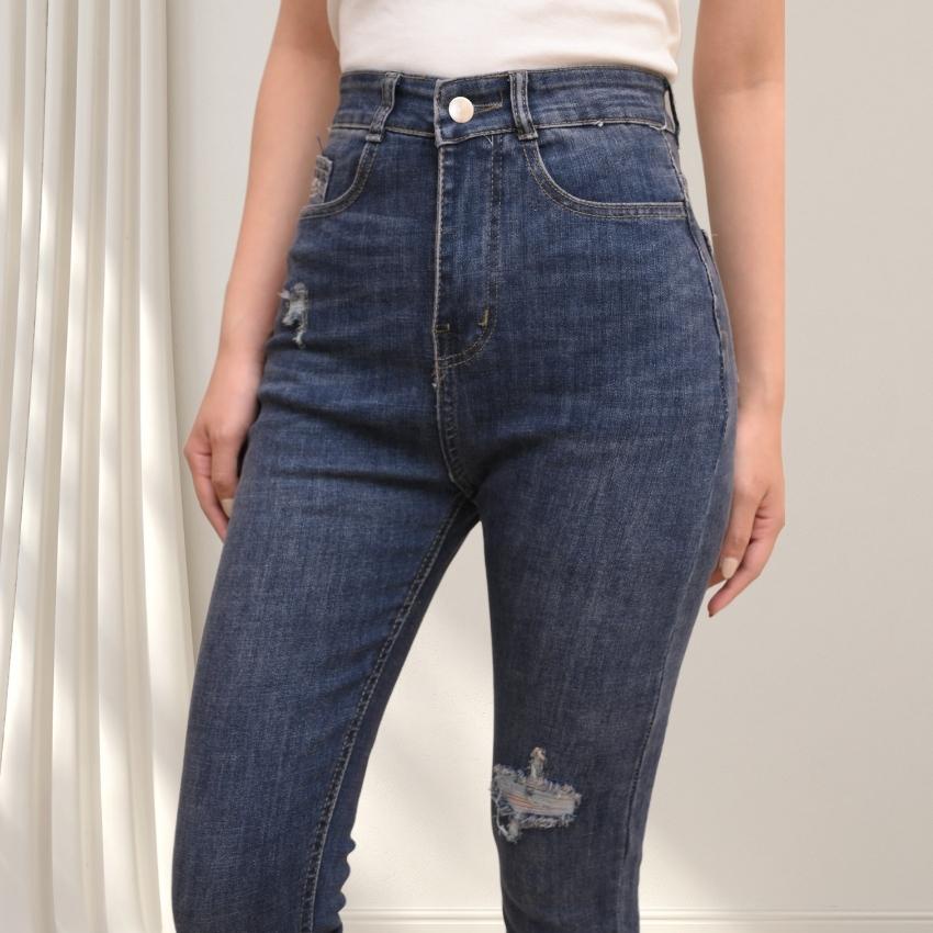 Quần Jean Ôm Lưng Cao Xám Rubie Jeans Quần Bò Rách Nữ Đẹp Cắt Gấu J11