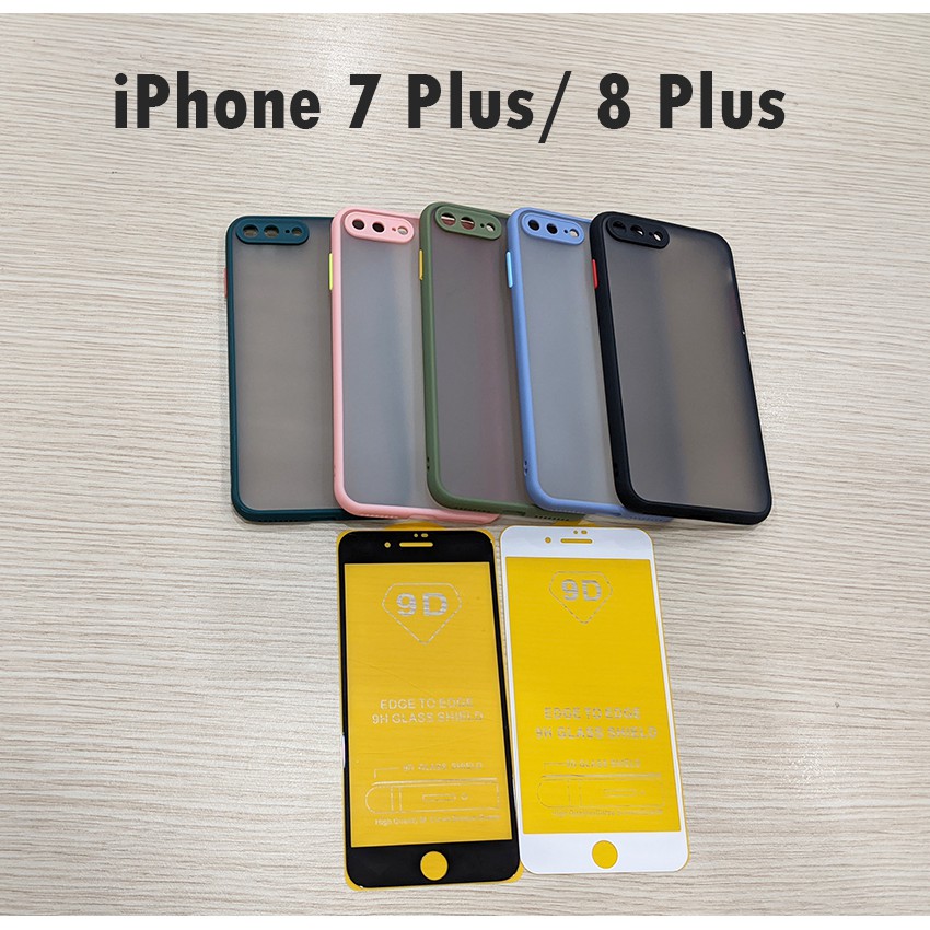 Combo dán cường lực full màn ốp nhám viền cao su bảo vệ camera iPhone 7 Plus 8 Plus