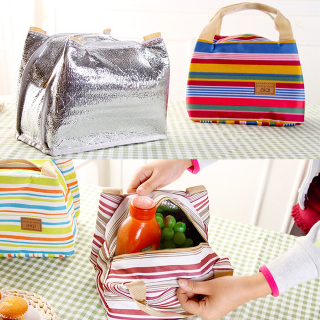 Canvas Stripe Thermal Bags Kids Baby Tote Picnic Lunchbox