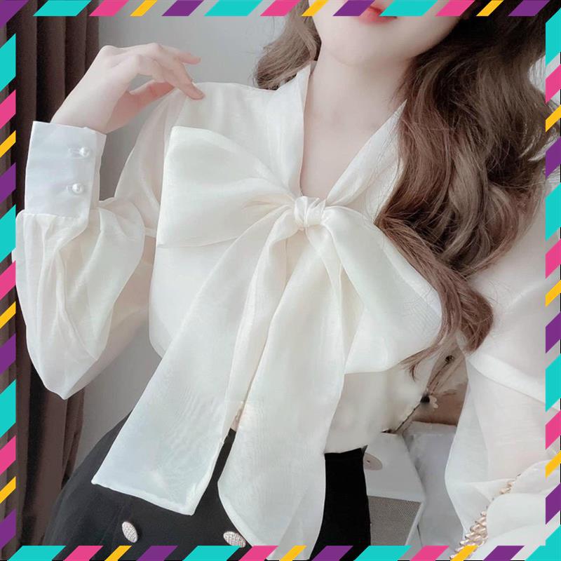 Áo sơ mi tay bồng cổ nơ khuy ngọc 2 lớp mặc đi chơi, đi làm cực xinh_350 MSP11639 | BigBuy360 - bigbuy360.vn