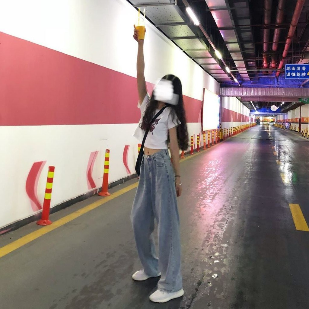 ๑❈♛Mùa hè mới quần dài bố ống rộng có thể điều chỉnh rãi phong cách Hàn Quốc jean nữ cạp cao thẳng thu
