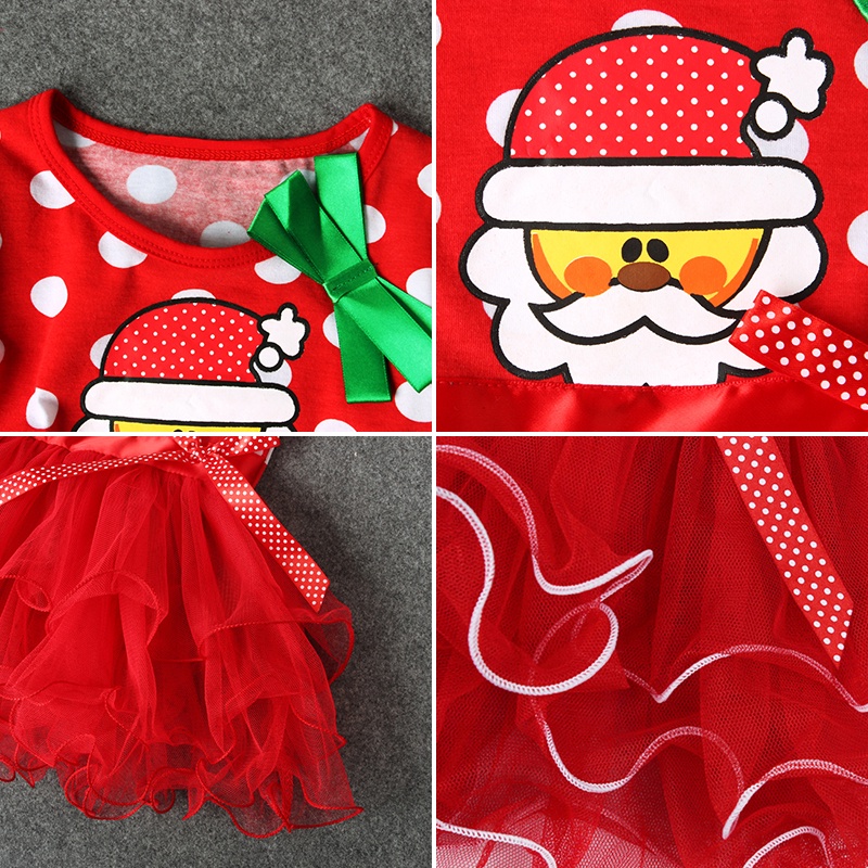 Đầm Công Chúa Tay Dài Phối Ren Thắt Nơ Kiểu Giáng Sinh Dễ Thương Cho Bé Gái