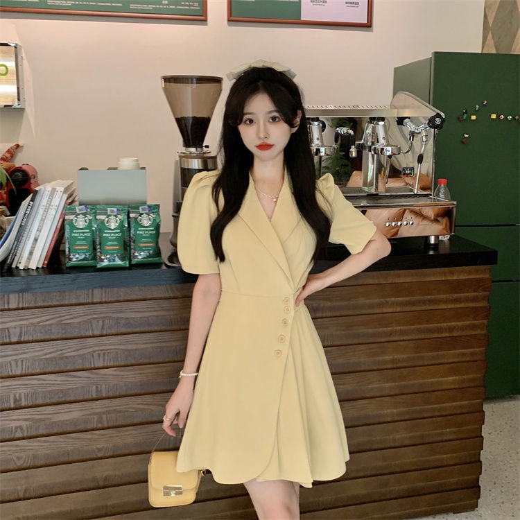 Đầm Tay Phồng Ngắn Cổ Chữ V Xếp Ly Thời Trang Hàn Quốc Xinh Xắn Cho Nữ