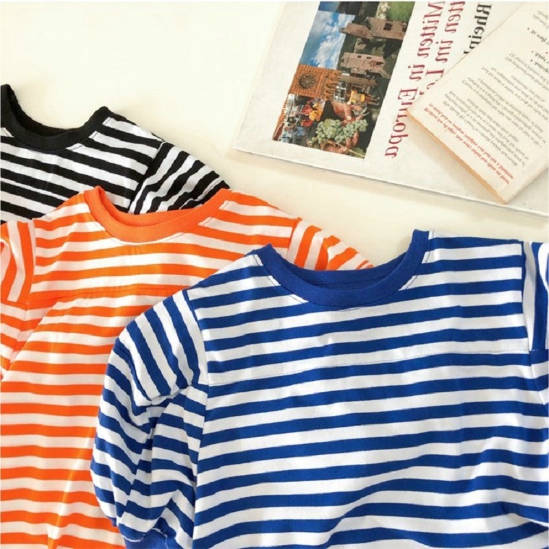 Áo Thun Cotton Tay Ngắn Họa Tiết Kẻ Sọc Thời Trang Hàn Quốc Dành Cho Bé Gái 3-8 Tuổi