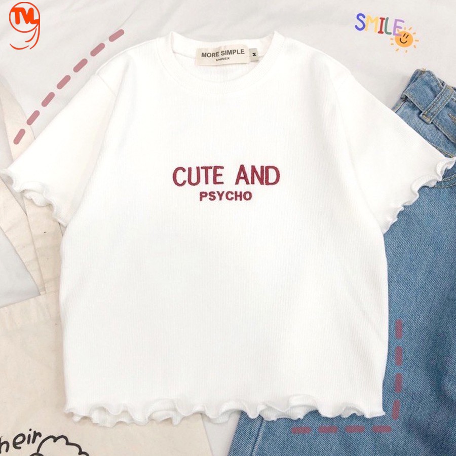 [Mã FAMAYWA giảm 10K đơn 50K] Áo croptop nữ tay ngắn, croptop rua gấu thêu chữ Cute And Psycho. | BigBuy360 - bigbuy360.vn