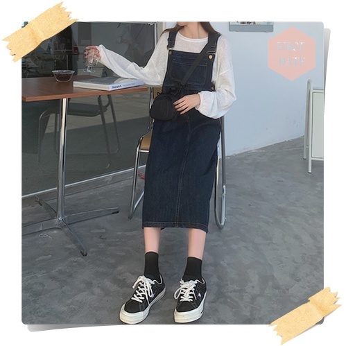 Váy yếm dài Yếm váy Yếm bò dáng dài FIRST DATE màu xanh đậm denim Yếm jean nữ hiện đại năng động | BigBuy360 - bigbuy360.vn