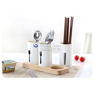 Set Ống Đựng Muỗng Đũa Nhựa Đế Tre Tặng Kèm Cây Rửa Ly