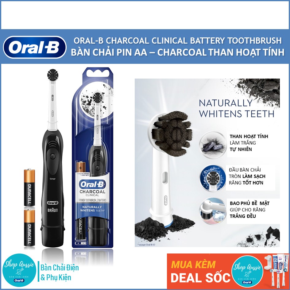 Bàn Chải Đánh Răng Tự Động Oral-B Charcoal Clinical Than Hoạt Tính - Màu Trắng Đen, Bàn chải Pin AA, Hẹn Giờ 2-Phút