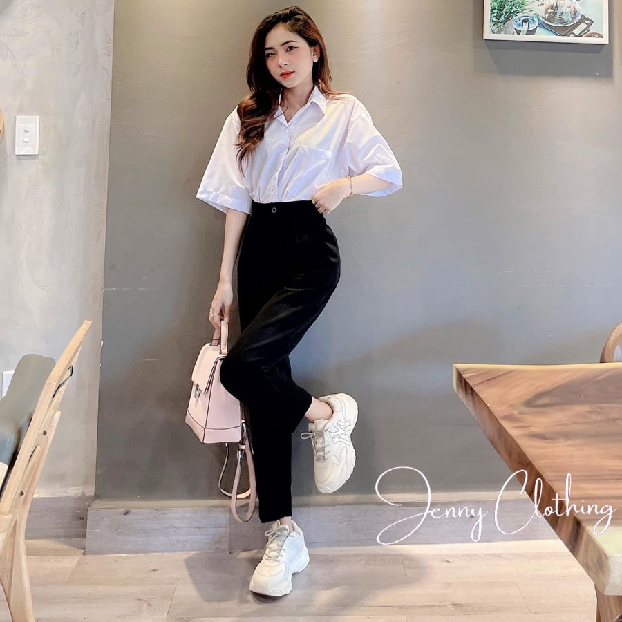 Áo sơ mi nữ form rộng cộc tay kiểu dáng basic màu trắng mặc đi học sinh viên công sở thấm mồ hôi cực tôn dáng