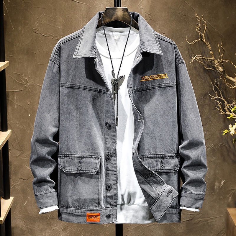 Thương hiệu thời thượng Áo khoác denim nam đẹp trai S Mùa thu Đường phố Châu Âu và Mỹ Lỏng ve Công cụ thêu
