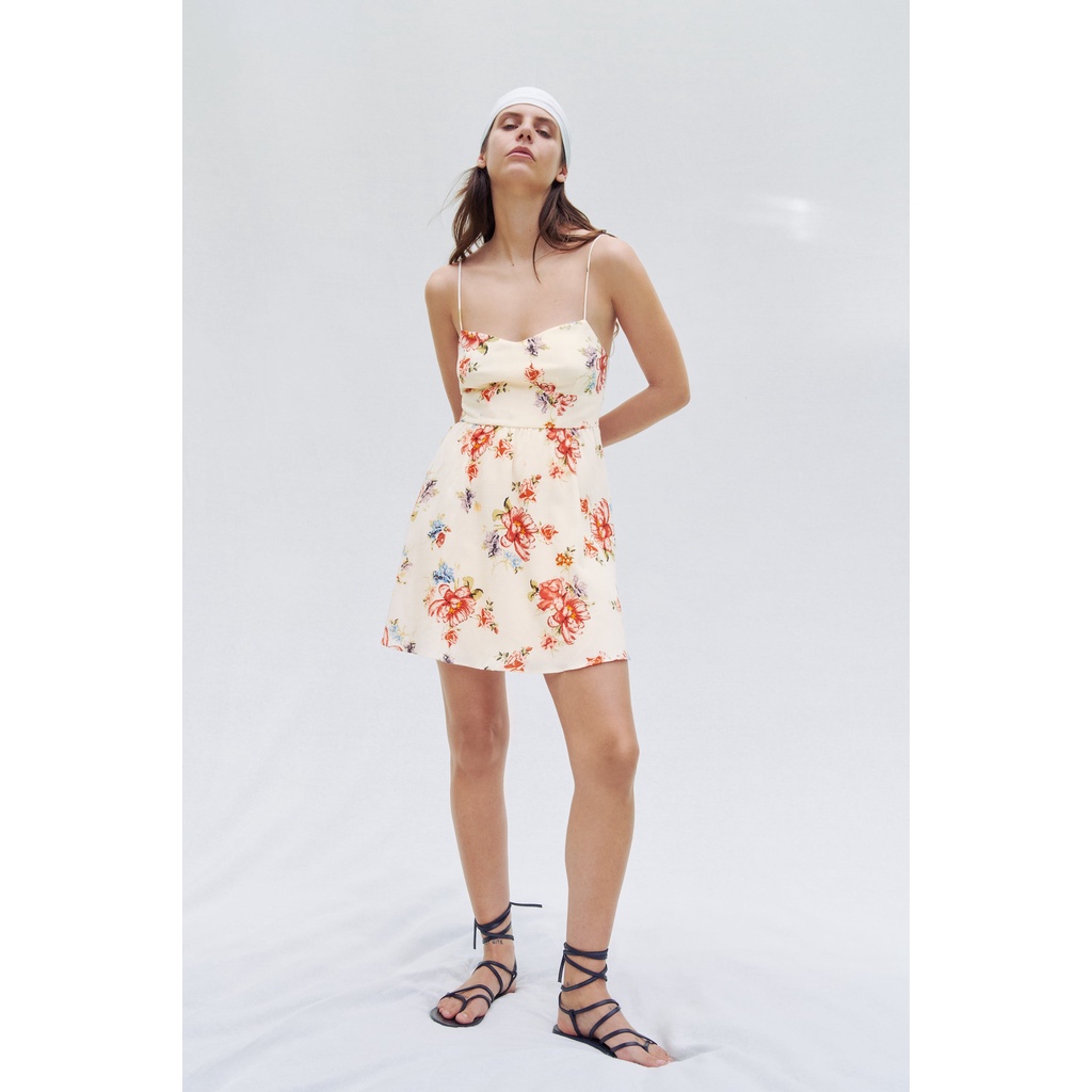 ZARA Đức - Đầm váy hai dây vàng nhạt họa tiết hoa đỏ cam form ngắn chữ A sale auth cao cấp chính hãng 3198/242