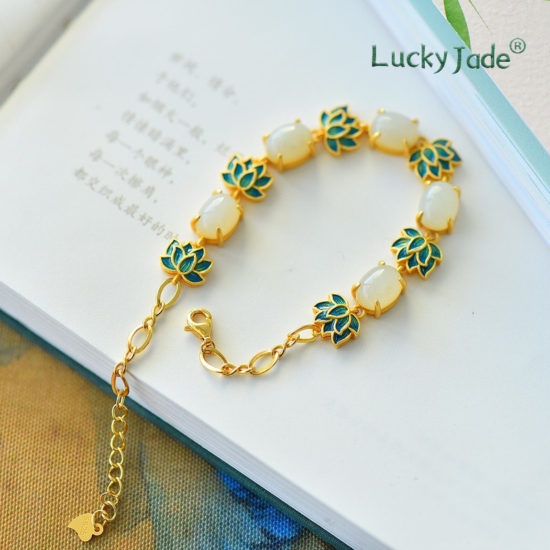 Vòng Tay Mạ Bạc S925 Dát Vàng Hoa Sen Trắng Tráng Men Dày Mặt Nhám