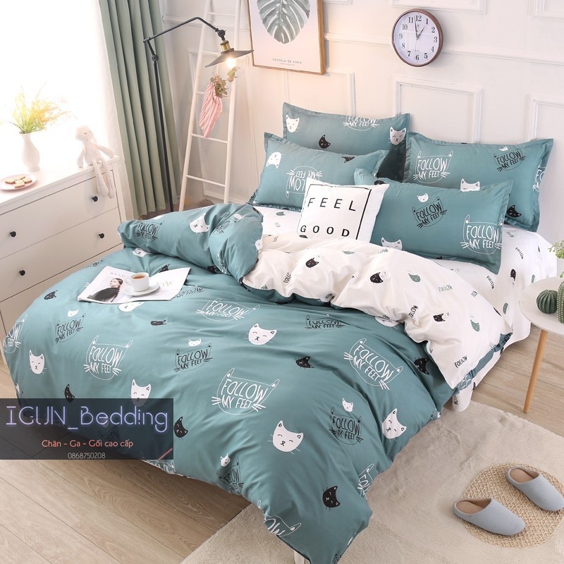 set MẶT MÈO XANH  bộ Chăn Ga Gối 4 món Poly cotton HÀN QUỐC 100%