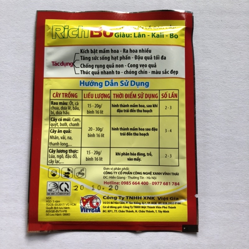 Phân bón lá  richbo 20g, siêu bo, kaibo kích ra hoa đậu quả, chống rụng trái non longf1