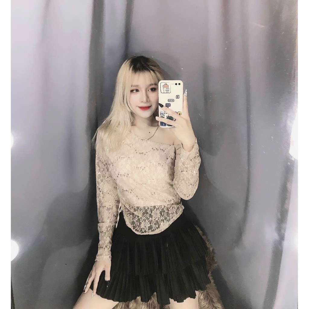 áo kiểu ren trễ vai rút dây bên dễ thương siêu xinh ảnh thật