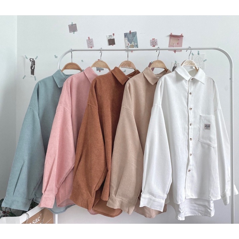 Áo sơ mi nhung nữ thêu túi trước nhiều màu dáng rộng oversize Pumi