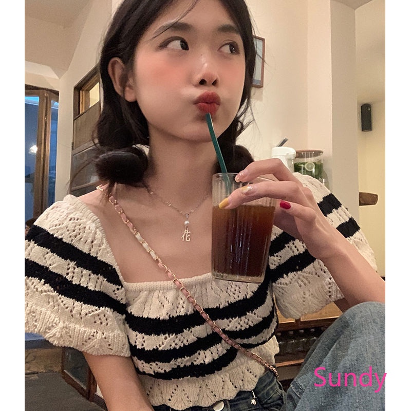 Áo Croptop Trễ Vai Cổ Vuông Họa Tiết Kẻ Sọc Thời Trang Mùa Hè Ngọt Ngào Cho Nữ