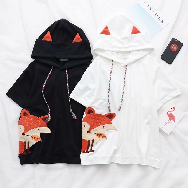 Áo Hoodie Ngắn Tay Thêu Hình Cáo Phong Cách Harajuku Nhật Bản Cá Tính