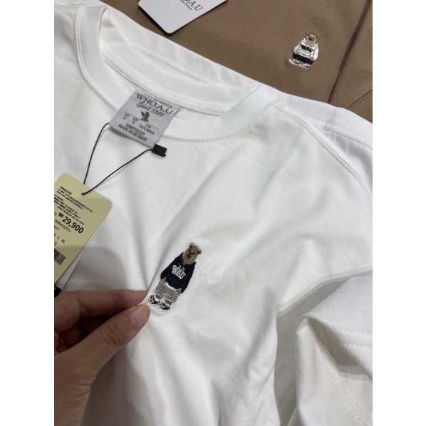 Đầm thun dáng suông cổ tròn tay ngắn logo gấu Who.au xuất Hàn