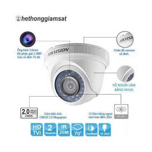 Camera HDTVI Dome HIKVISION DS-2CE56D0T 2MP - Chính Hãng, Bảo Hành 24 Tháng