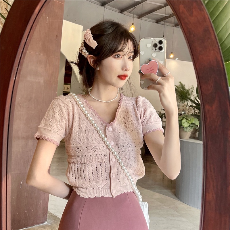 Áo Thun Cardigan Tay Ngắn Cổ Chữ V Dáng Rộng Phong Cách Hàn Quốc Cho Nữ | BigBuy360 - bigbuy360.vn