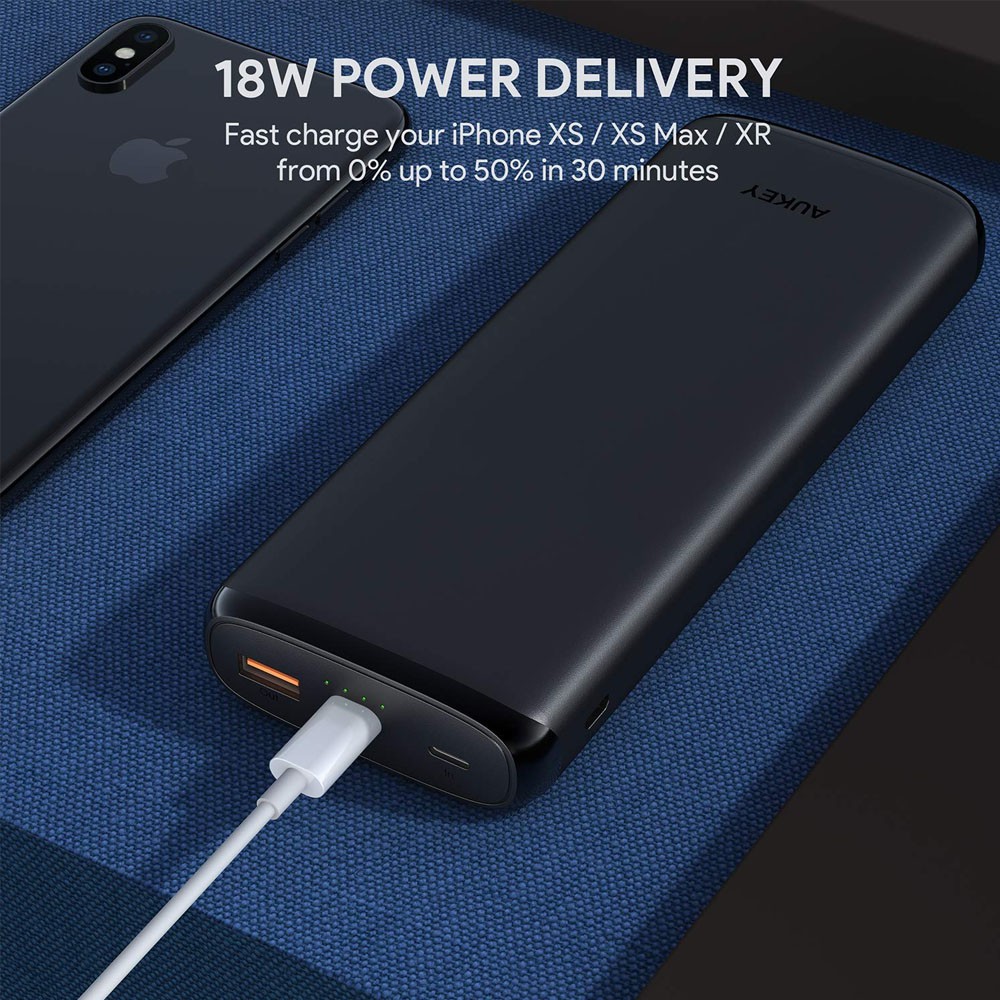 Pin Sạc Dự Phòng 20000mAh Aukey PB-Y23 1 Cổng QC 3.0, 1 Cổng Type C PD 18W, Hỗ Trợ Sạc Vào Bằng Cổng Lighting