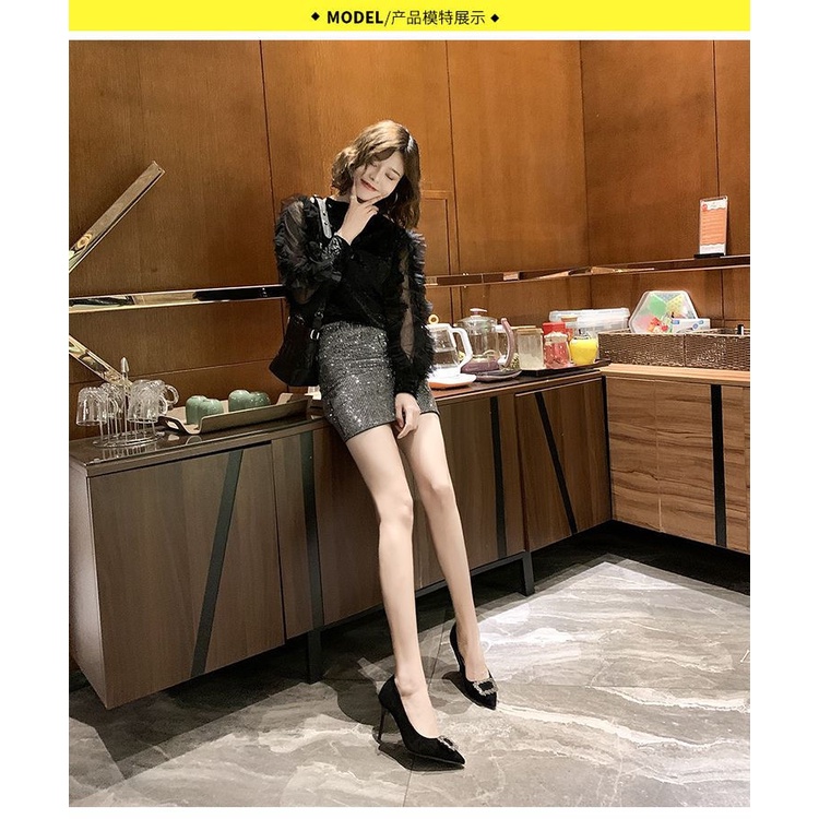 Thời trang mùa xuân năm 2021 giày cao gót da lộn mũi nhọn giày cao gót nữ