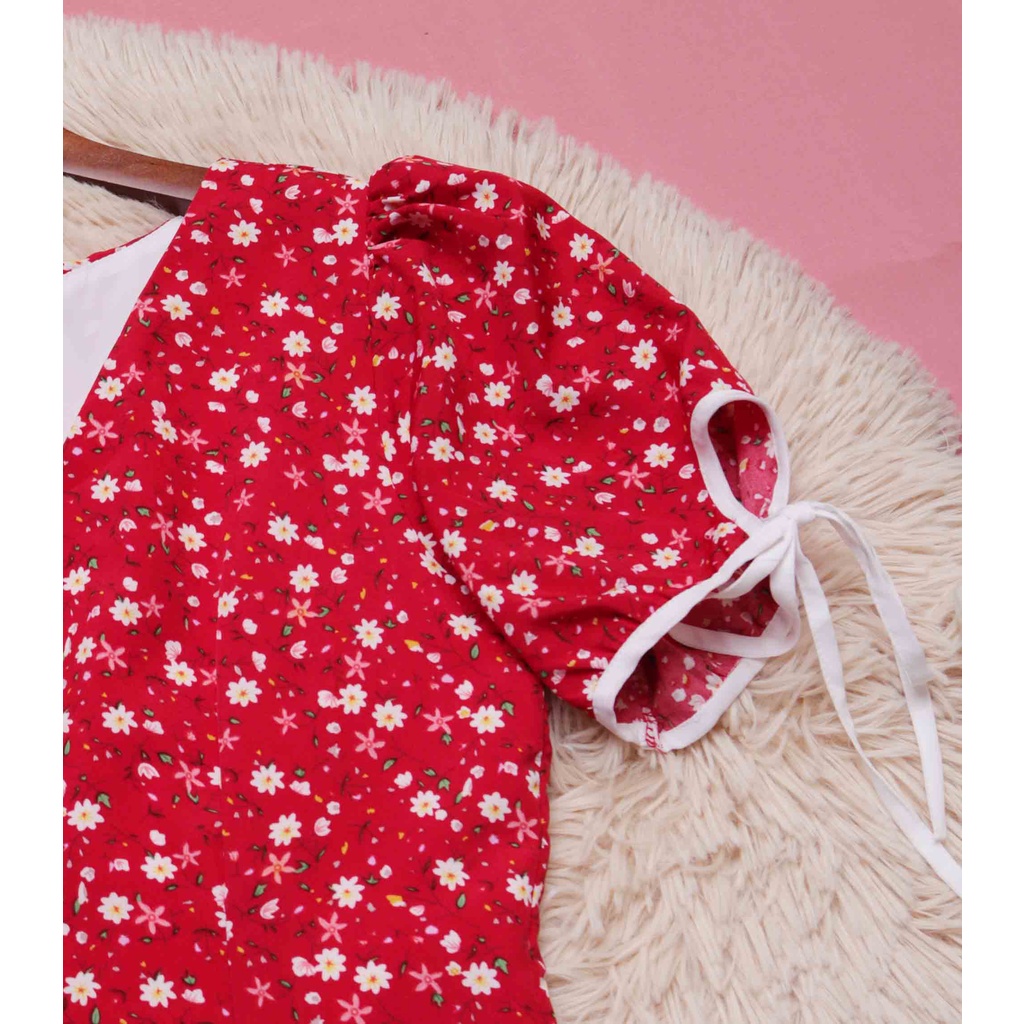 Đầm đỏ xòe hoa nhí vintage thiết kế công sở tay ngắn xinh thời trang bánh bèo đi làm đi chơi eo tôn dáng – Lux W