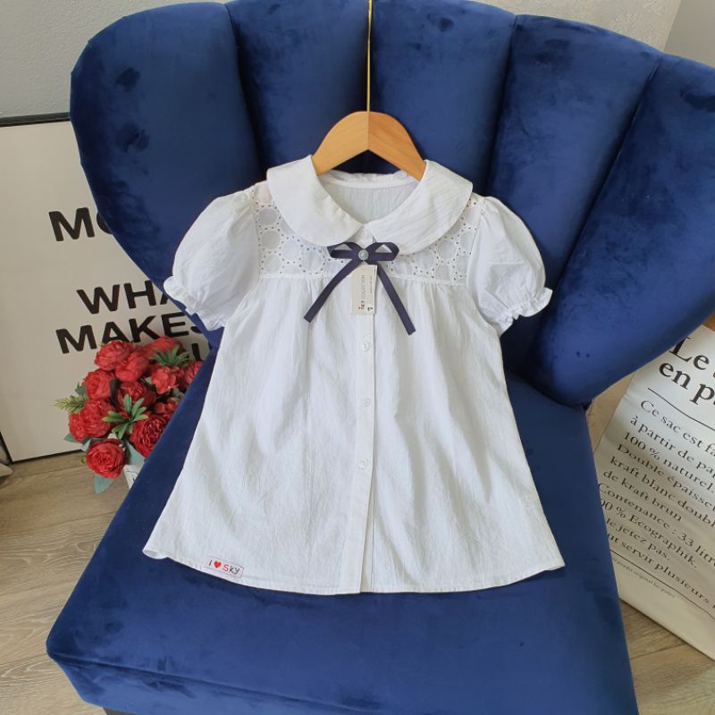 Áo sơ mi cộc tay bé gái, thiết kế cổ sen dễ thương, vải thô lụa, thô cotton thấm hút mồ hôi tốt